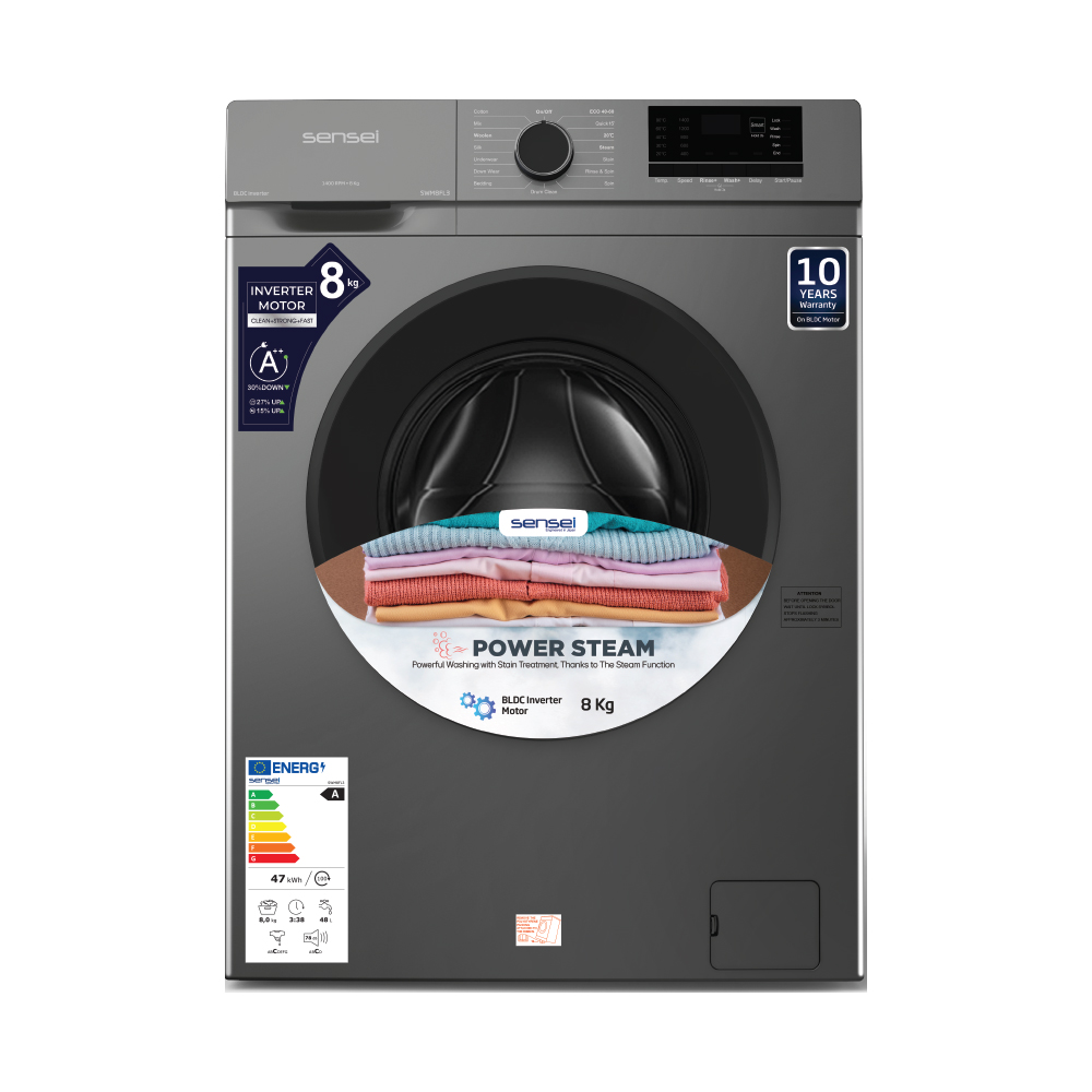 Sensei 8 Kg Front Load Washing Machine (SWM8FL3) model SWM8FL3 front view - GharOne Nepal