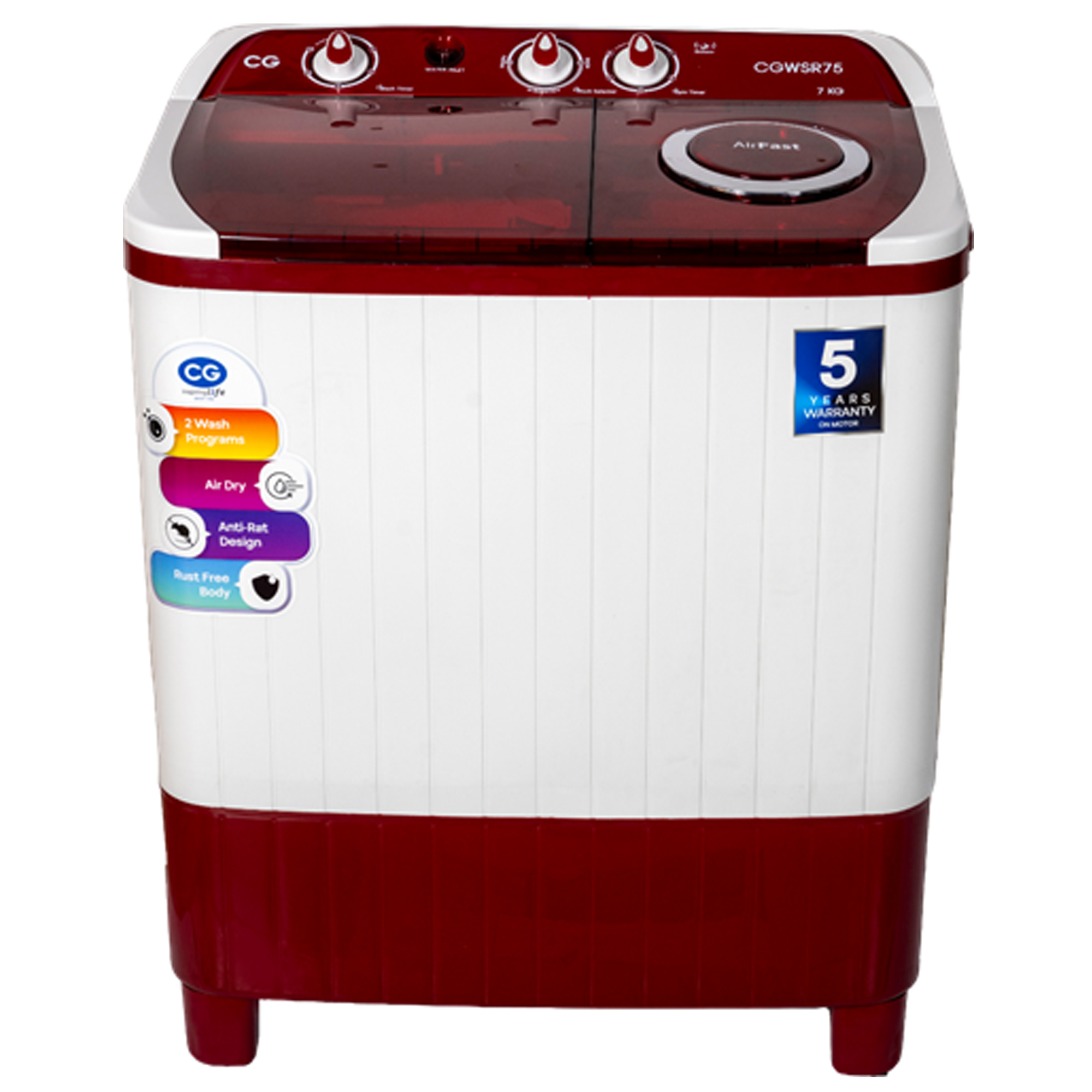 CG 7 Kg Semi Automatic Twin Tub Washing Machine model CGWSR75 front view - GharOne Nepal